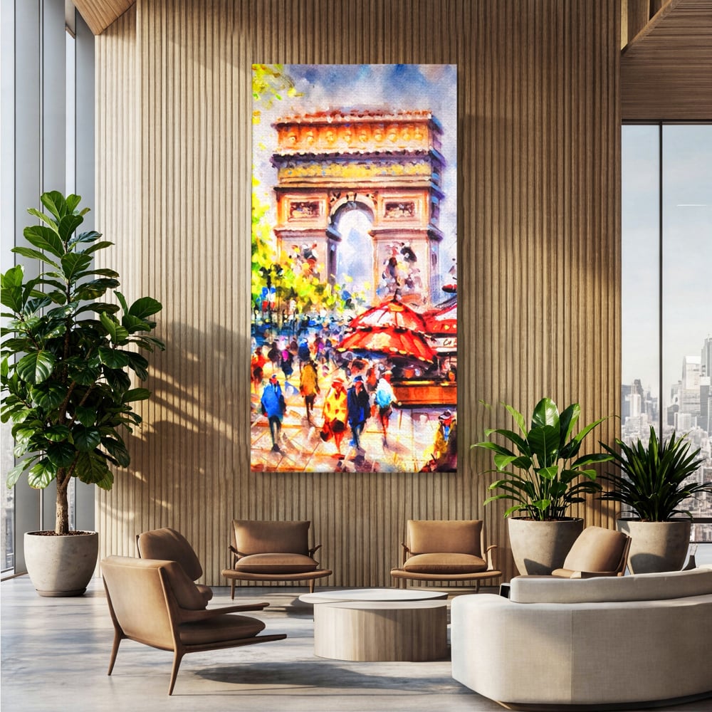 Tablou canvas cu tablou canvas cu arcul de triumf, fara rama, pe sasiu de lemn, pe perete intr-un birou